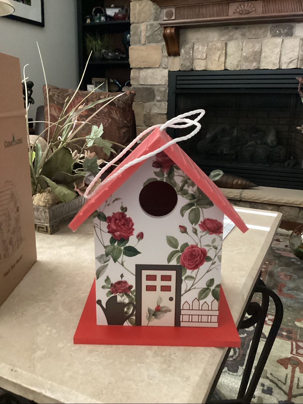 Festive Red & White Floral Birdhouse - NEW never used